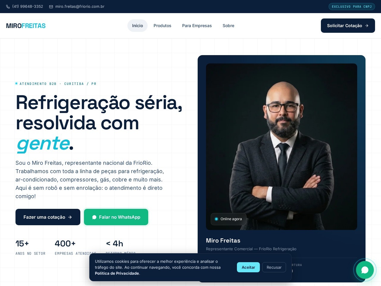 Screenshot do site Miro Freitas com foco em refrigeração B2B e chamada para cotação